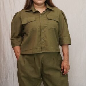 Olive green crop shirt 2pcs co-ord set